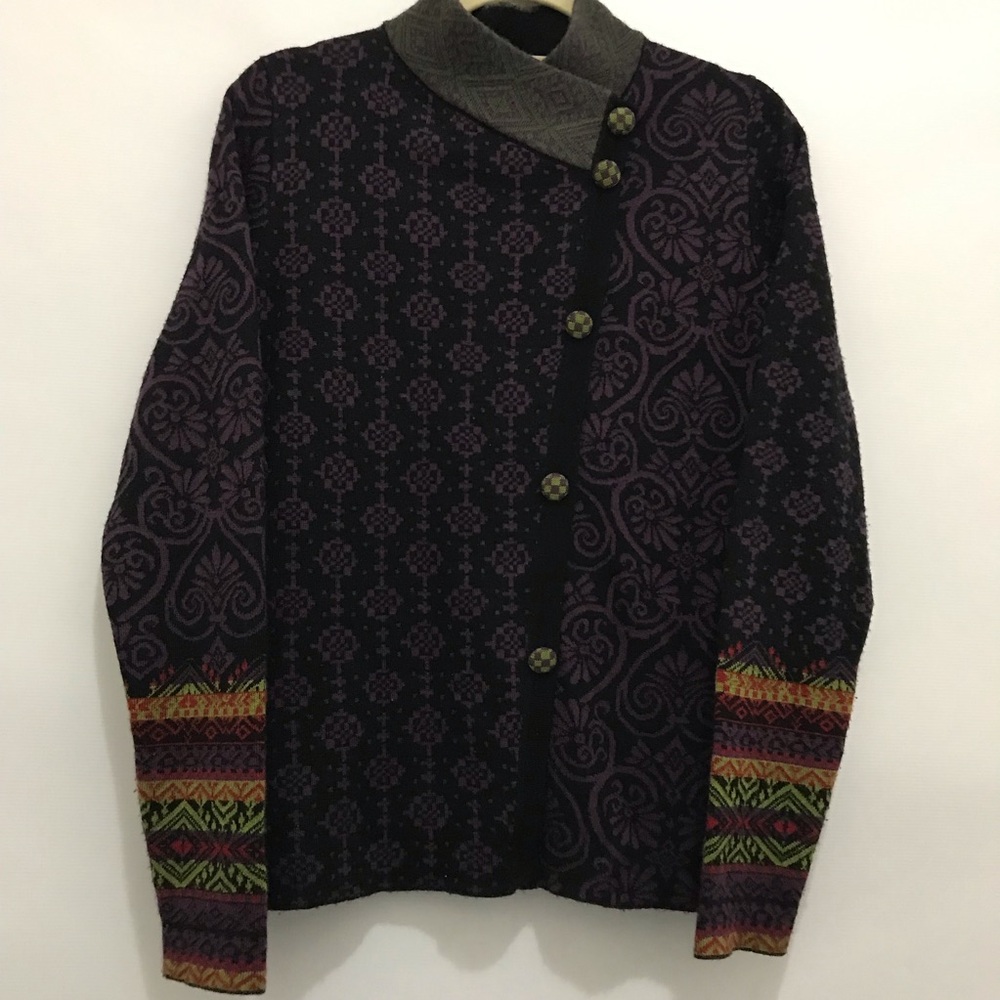 Icelandic Black & Purple Patterned Button with Multicolor Cuffs Sweater Size M